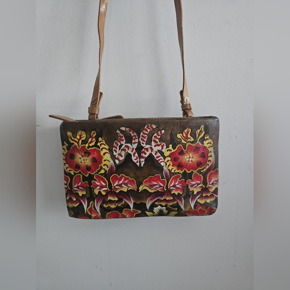 Artistic Expressions Floral/Cognac hand-painted leather crossbody bag
